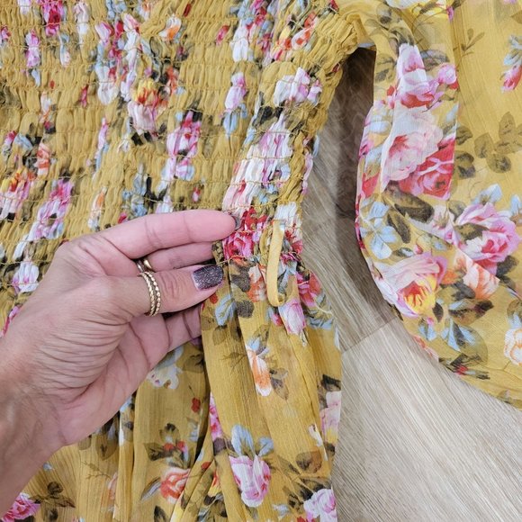 O.P.T Wick Smocked Crinkled Chiffon Romantic Floral Midi dress, size medium - Picture 2 of 8